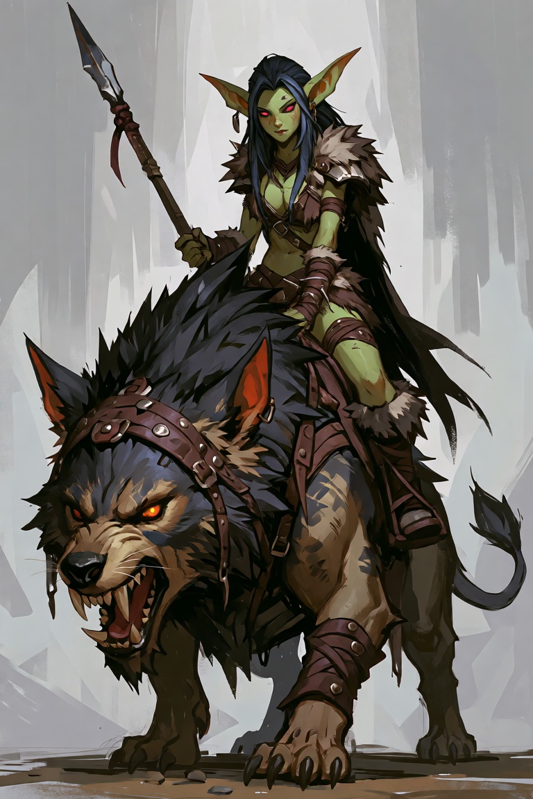 a digital painting of a goblin woman riding on the back of a warg. She is wearing tribal armor and holding a spear. The wa...