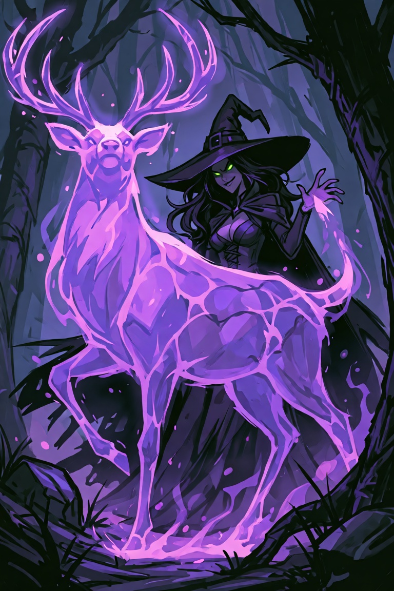 A devious witch with glowing green eyes casting a purple mist spellin the shape of a giant stag. Dark scary forest with pu...