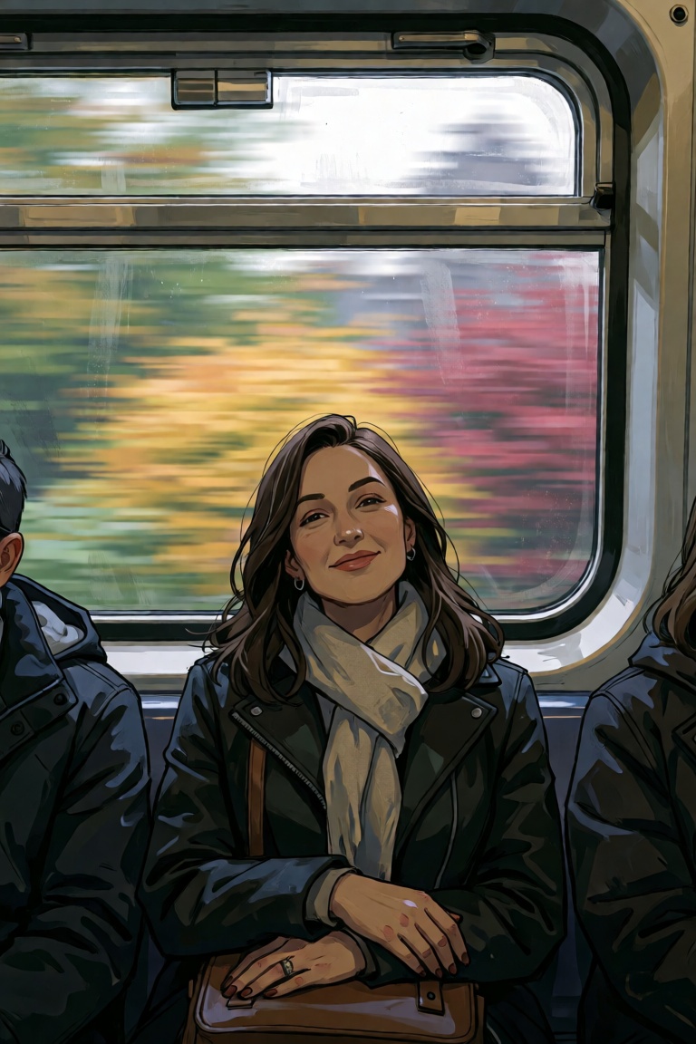 A seated portrait of a woman on a subway train. The window behind her is a blur of colors as trees bushes and more pass by...