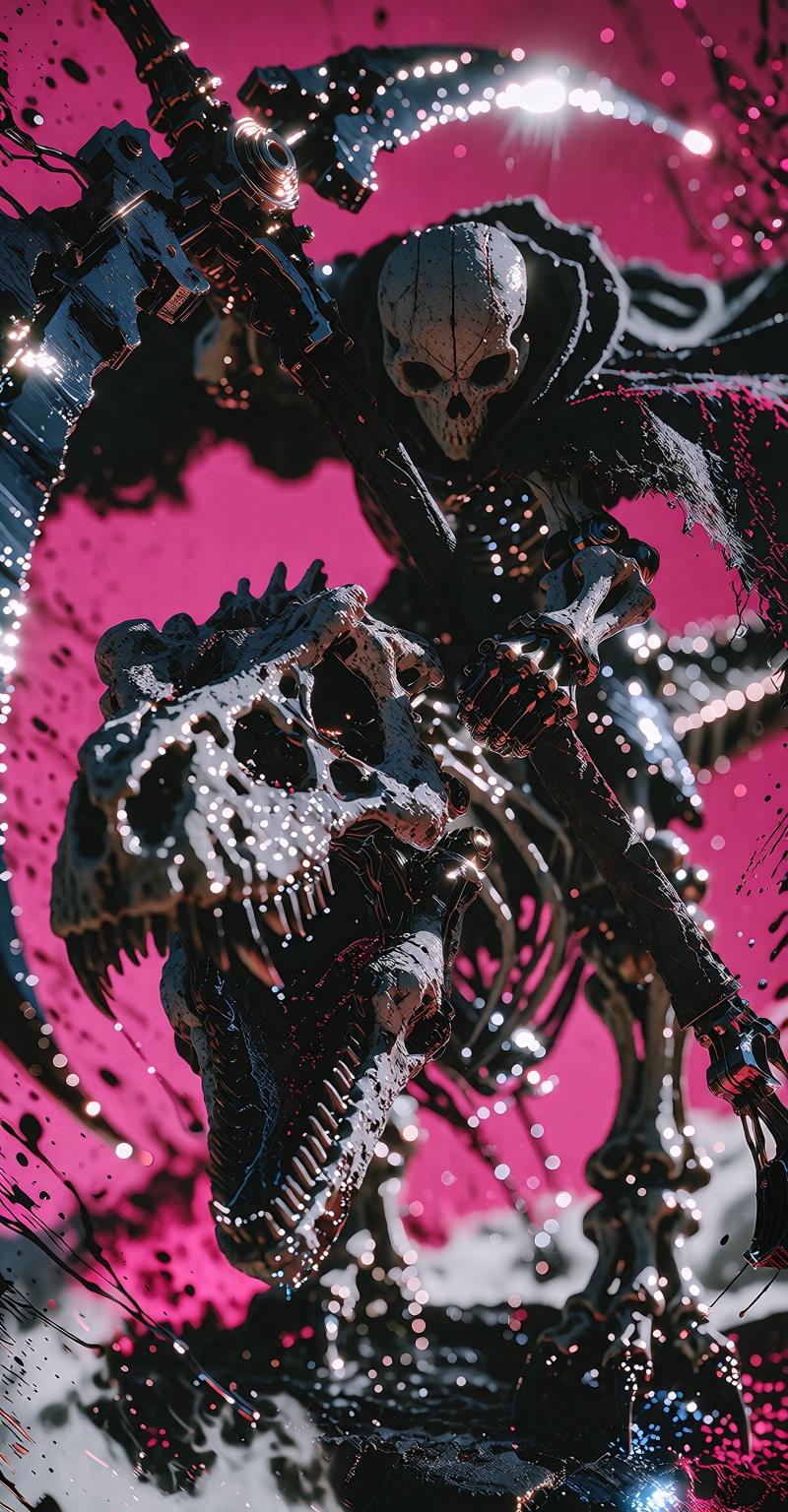 A cinematic,  high-contrast illustration of a skeleton knight riding a giant skeletal dinosaur,  possibly a Tyrannosaurus...