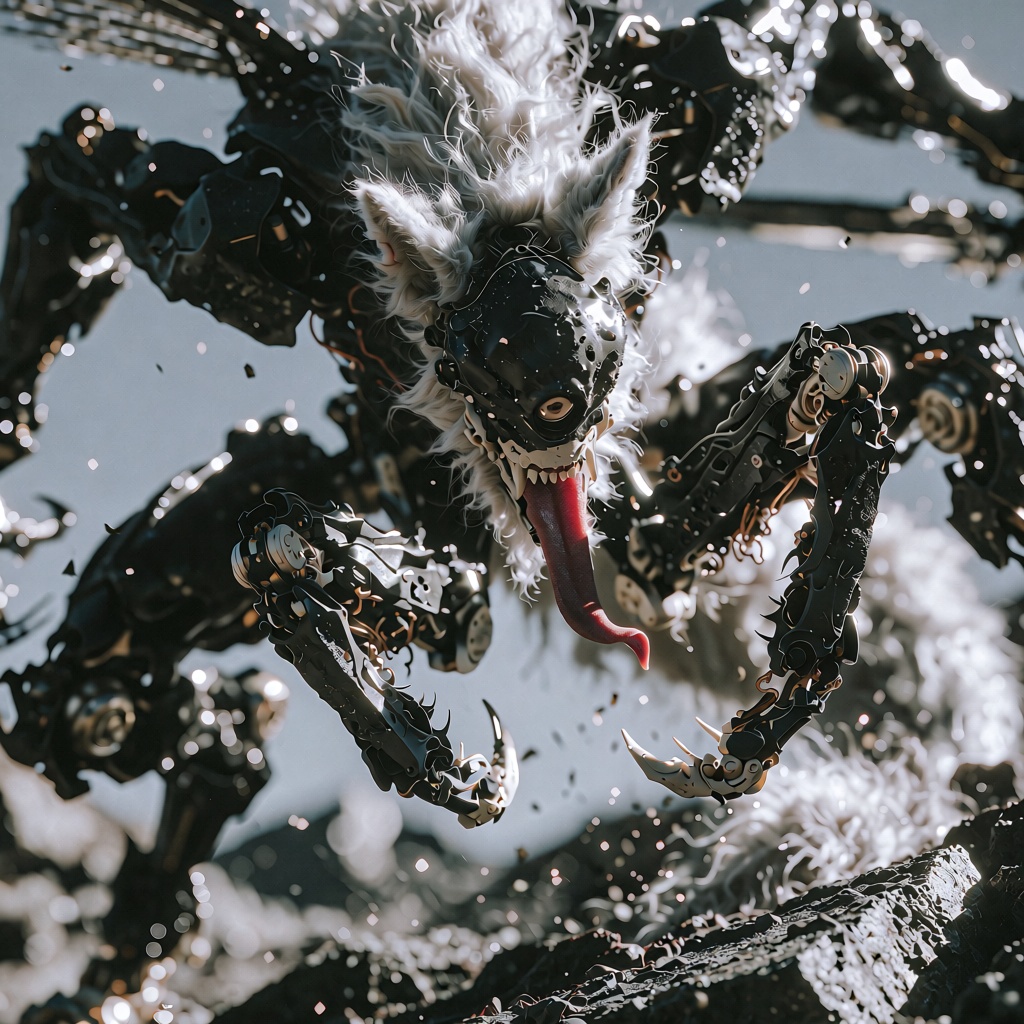 Close-up of a dynamic angle giant robot with a mono eye,  digitigrade bipedal mantis-like legs,  a very brutal and angry e...