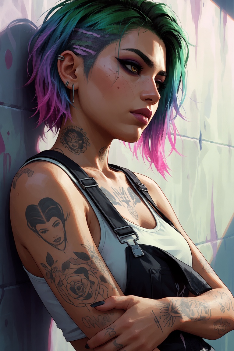 A Grand Theft Auto-Style digital illustration profile shot of Judy Alvarez from Cyberpunk 2077,  a young Latina woman in h...