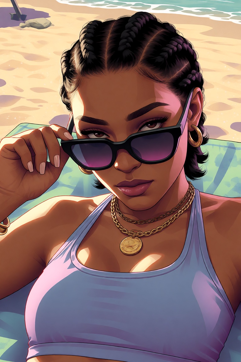 A Grand Theft Auto-Style,  semi realistic digital art,  upper body depiction featuring An African-American female laying o...