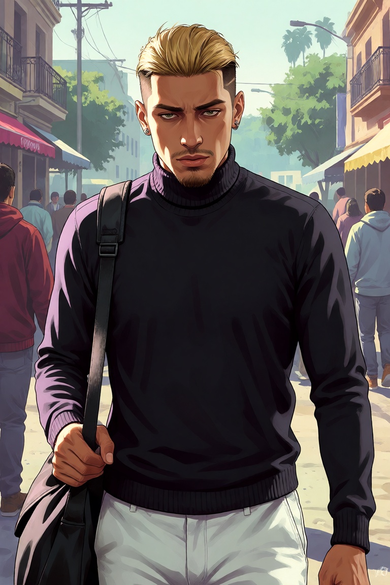 Create a Grand Theft Auto-Style,  semi-realistic digital art depiction of a Spanish looking young man. He has short slicke...