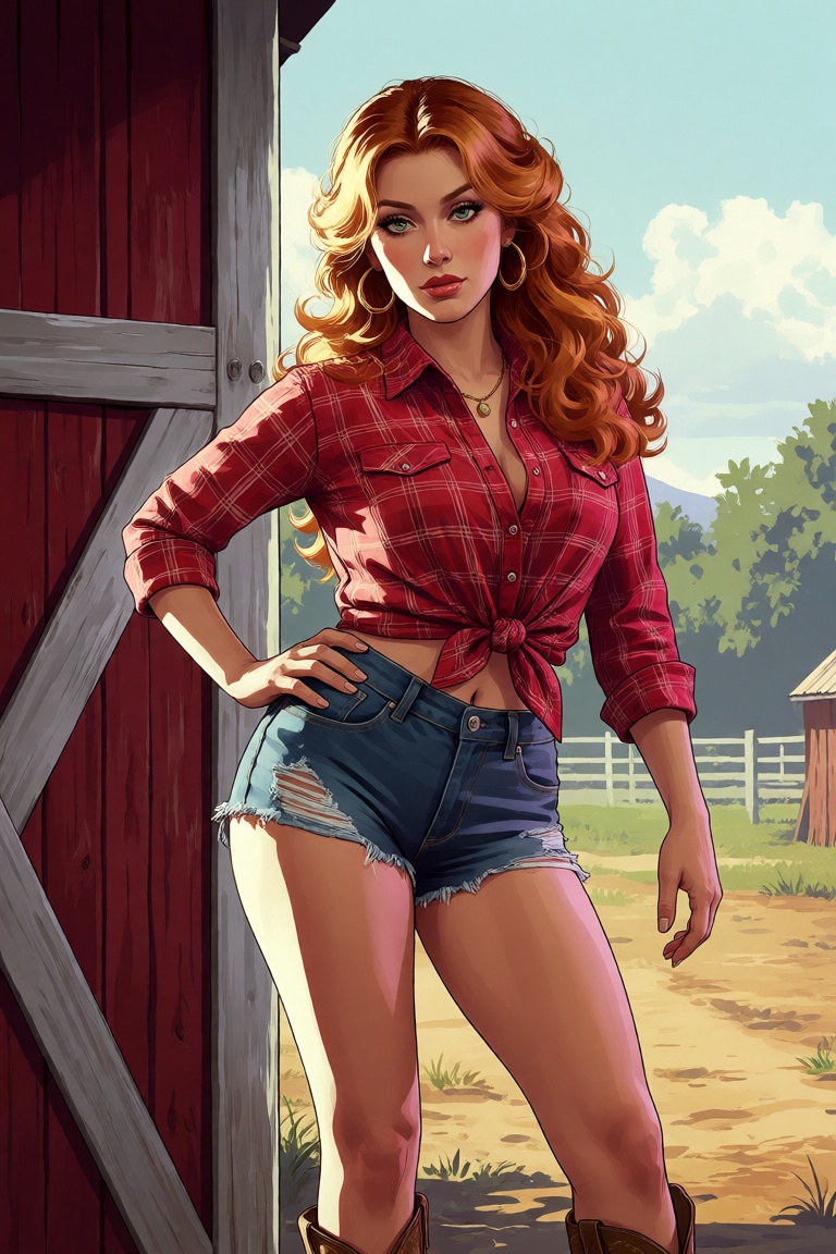 A Grand Theft Auto-Style digital illustration of a farm girl,  standing beside a barn looking at the viewer. She has a str...