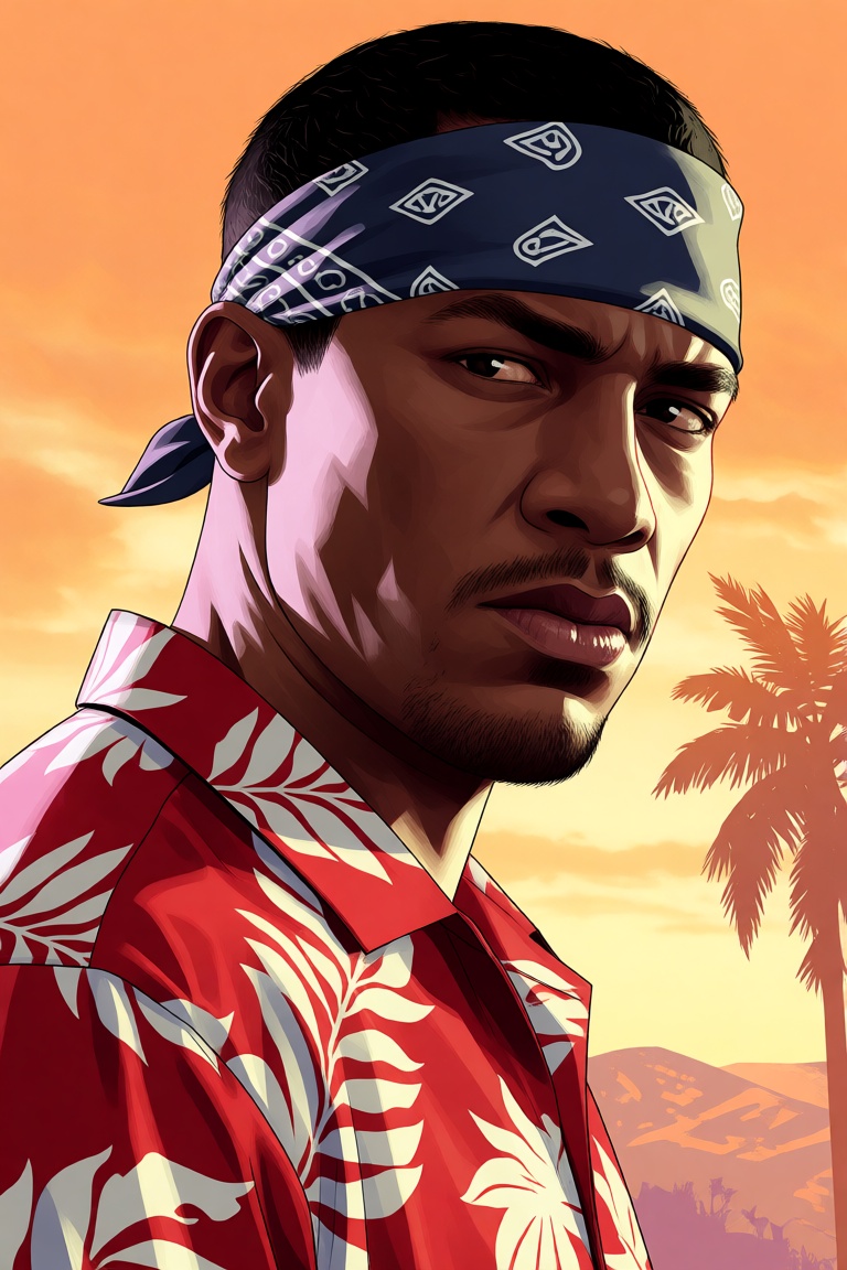 Create a Grand Theft Auto-Style,  semi-realistic digital art depiction featuring a black man with a focused expression. he...