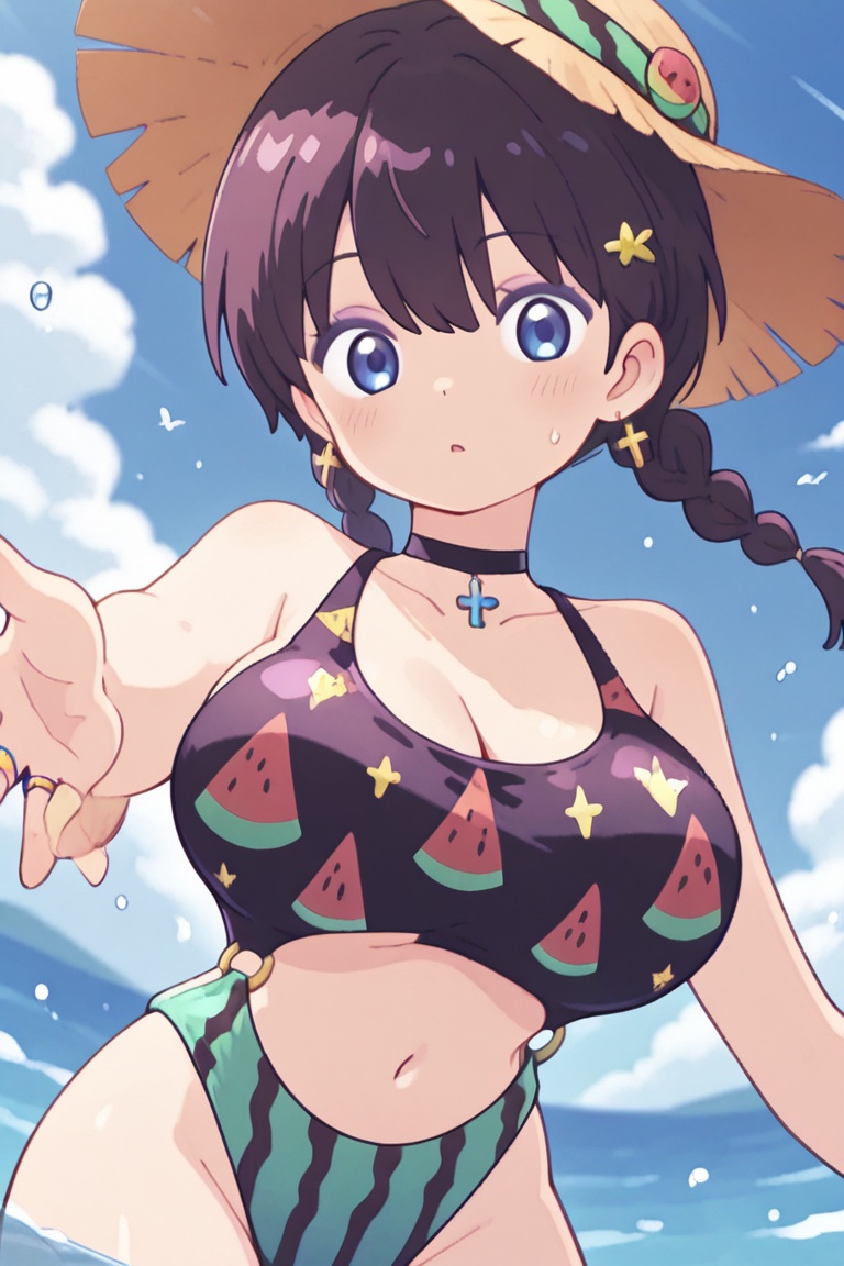 (Ring bikini,  connected bikini) big_breasts,  swimsuit stretched by large breasts on Tensor.Art