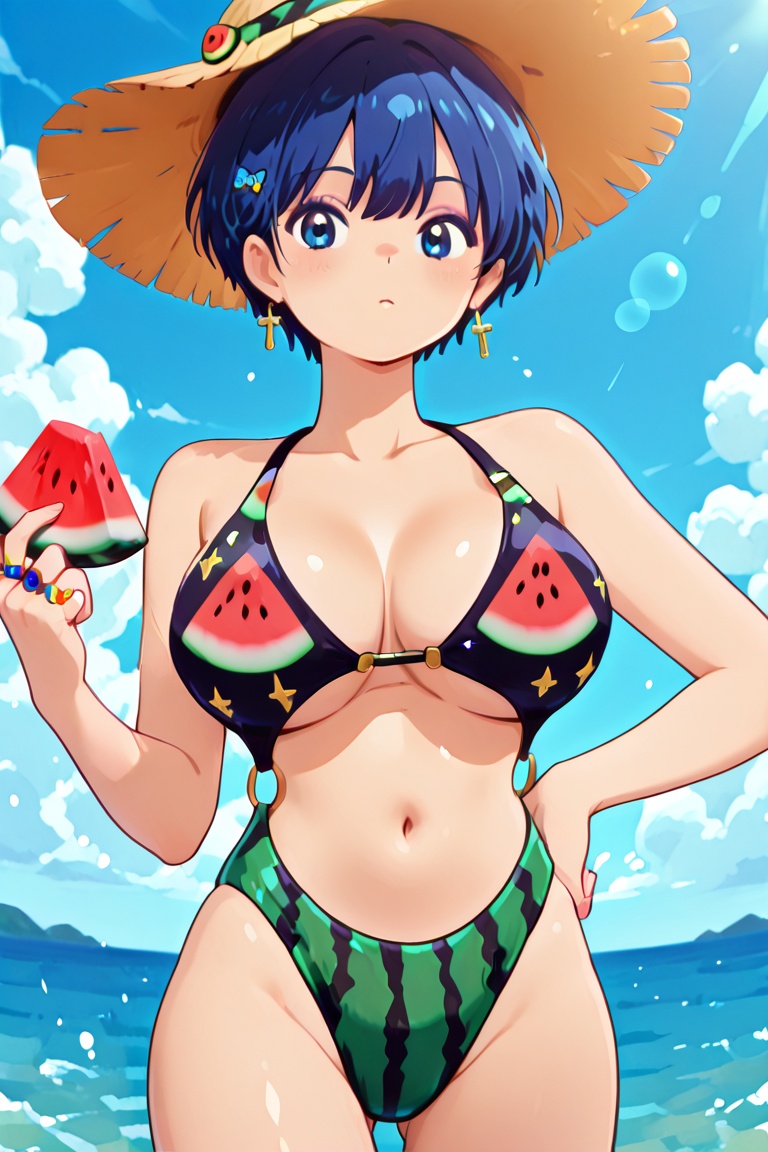 Watermelon-print bikini,  A ring-style bikini with connected top and bottom,  Ring bikini on Tensor.Art