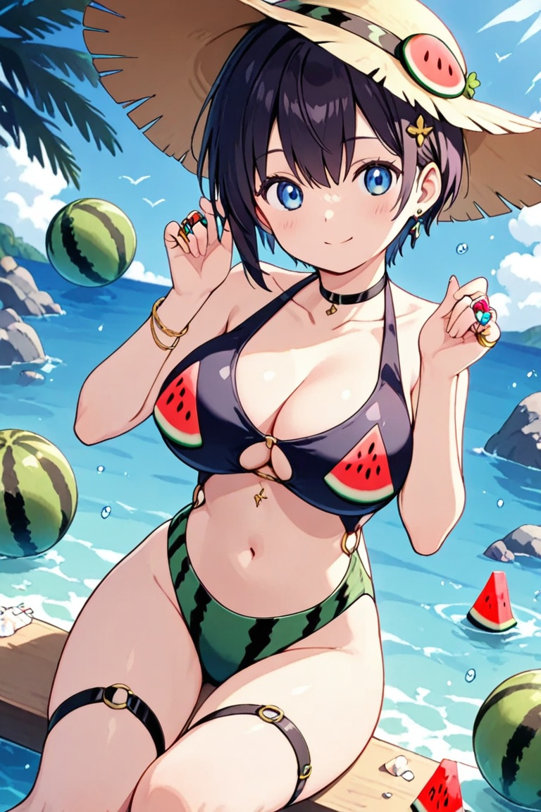 Watermelon-print bikini,  A ring-style bikini with connected top and bottom on Tensor.Art