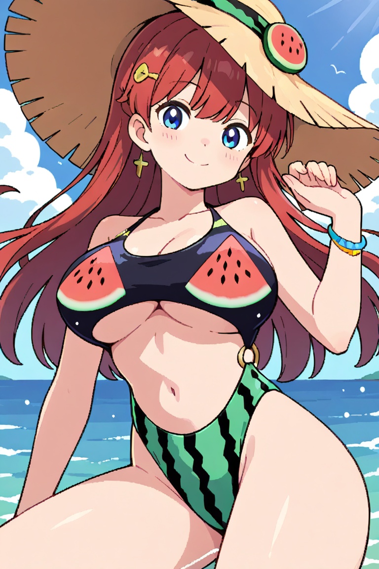 Watermelon-print bikini,  A ring-style bikini with connected top and bottom on Tensor.Art