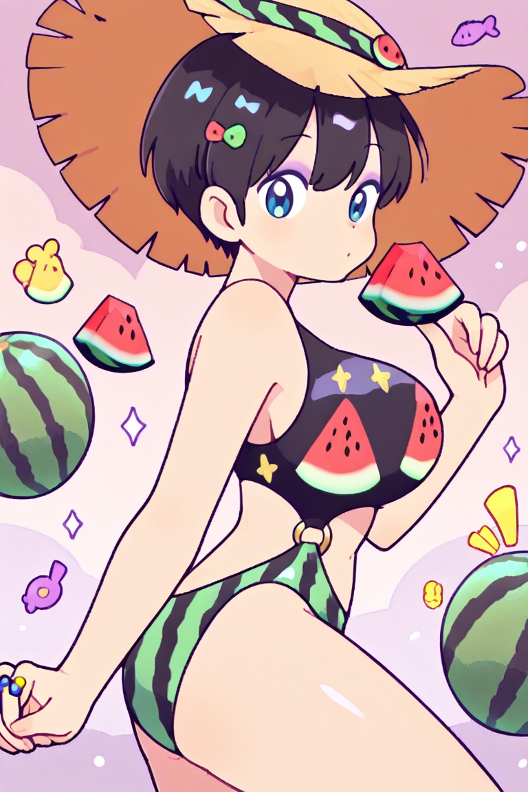 Watermelon-print bikini,  A ring-style bikini with connected top and bottom on Tensor.Art