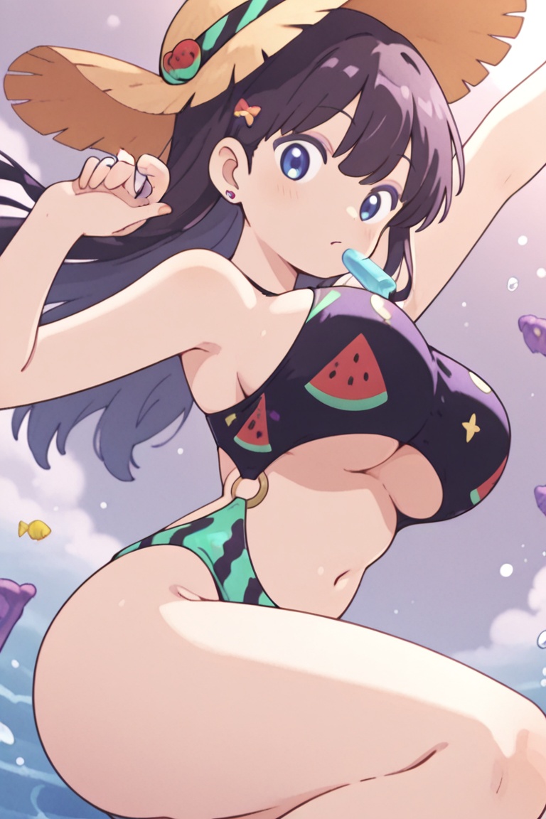 (Ring bikini,  connected bikini) big_breasts,  swimsuit stretched by large breasts on Tensor.Art