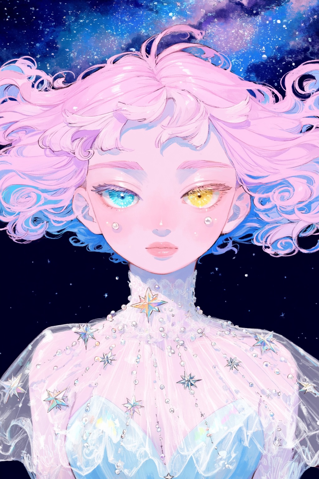 highres,  absurdres,  @canariadraw An extreme close-up digital illustration focuses tightly on a celestial woman with volu...