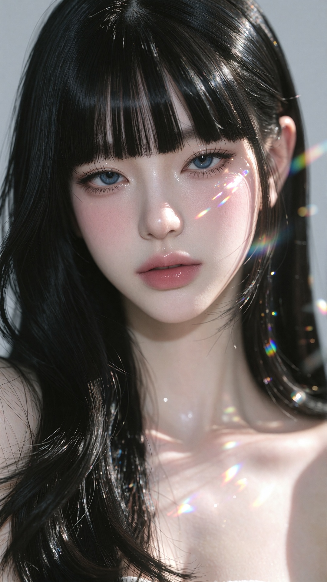 Face and Hair Young East Asian woman with extremely fair,  porcelain-smooth skin,  soft pink blush on the cheeks on Tensor...