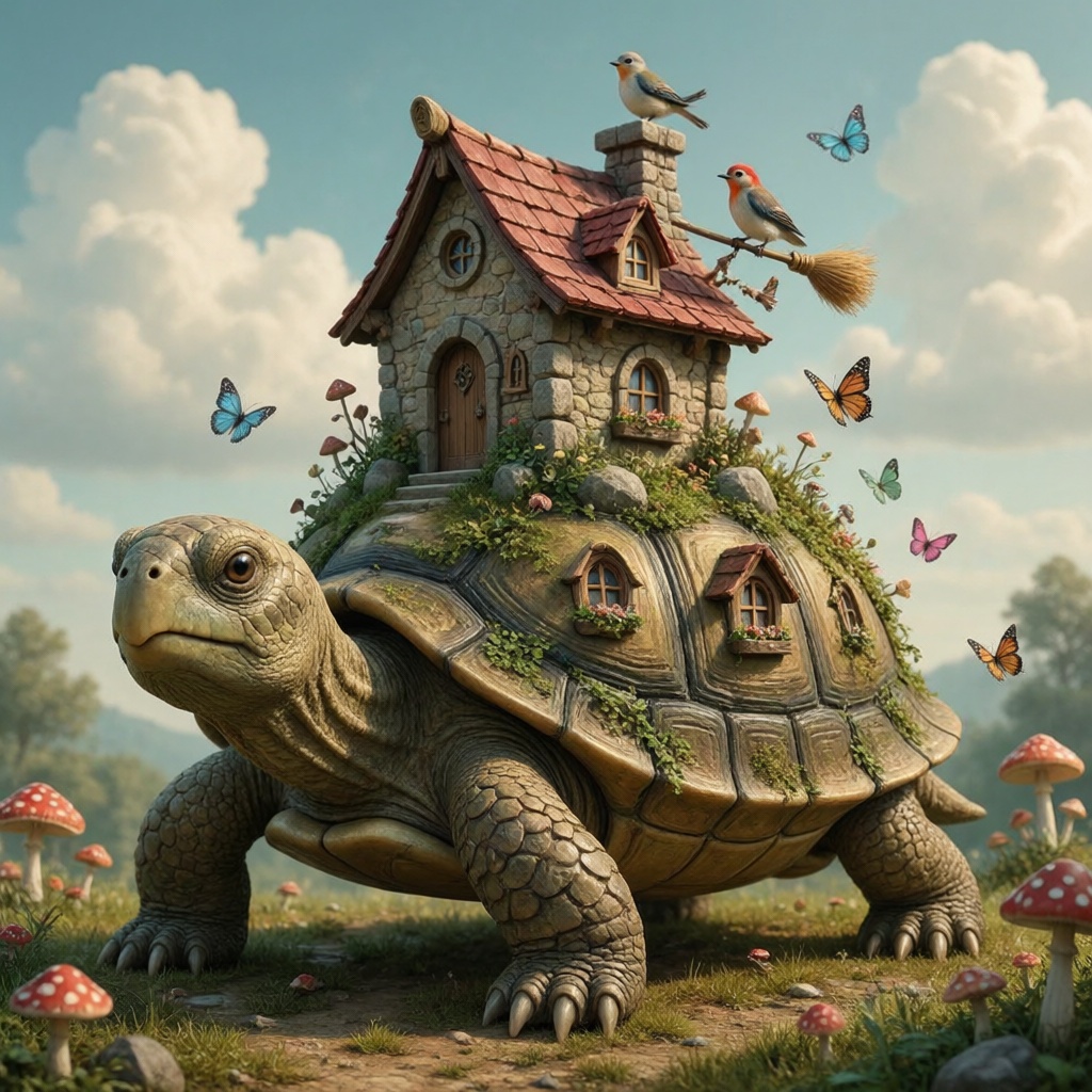 The image depicts a whimsical scene with a large turtle as the central figure. The turtle has a small house built on its b...