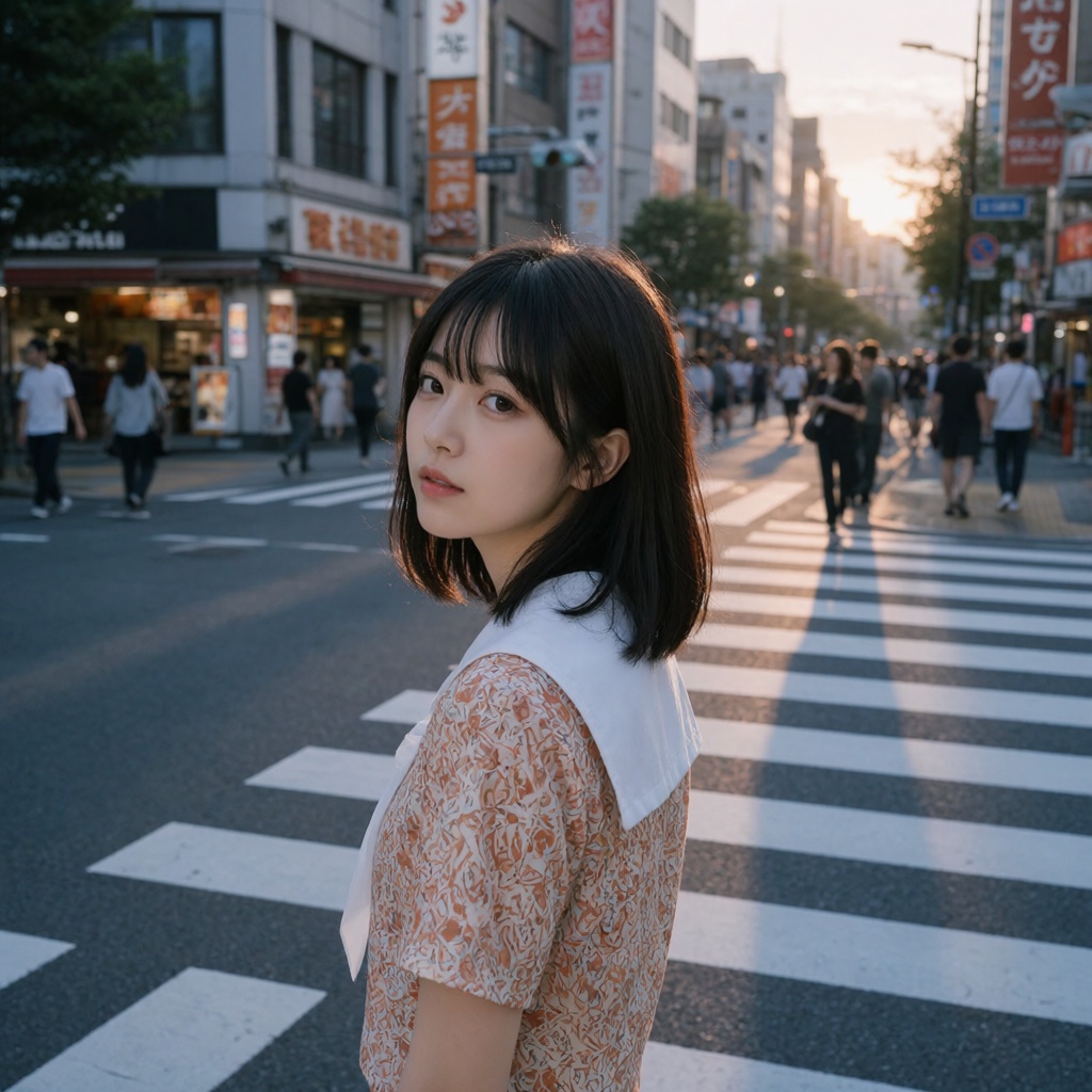 Tokyo. A young Japanese woman with shoulder-length dark hair and straight bangs stands in the foreground,  glancing over h...