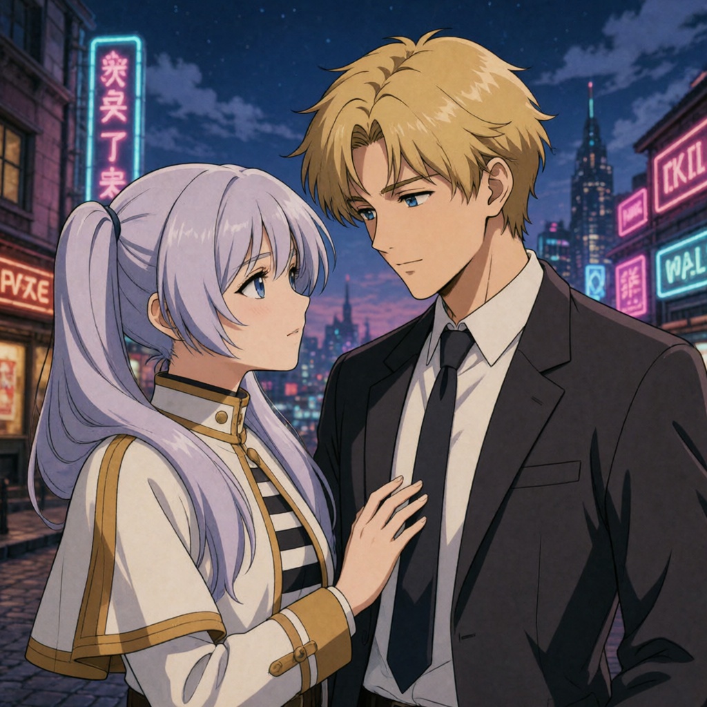 Create a retro anime scene inspired by the 1980s and 1990s styles,  featuring the Frieren and Himmel. The artwork should h...
