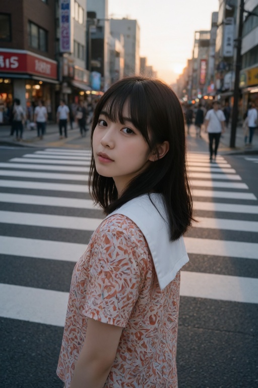 Tokyo. A young Japanese woman with shoulder-length dark hair and straight bangs stands in the foreground,  glancing over h...