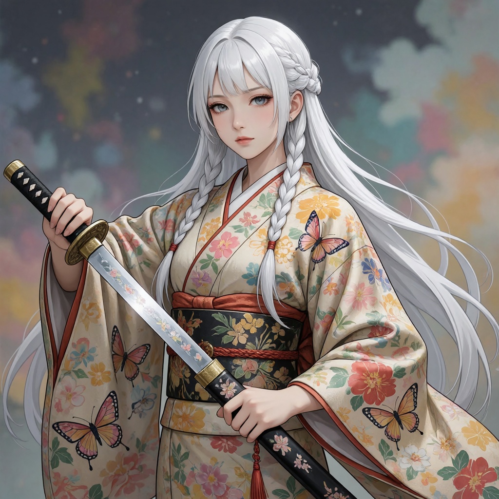 The image depicts a character with long,  white hair styled in braids,  wearing a traditional Japanese kimono adorned with...