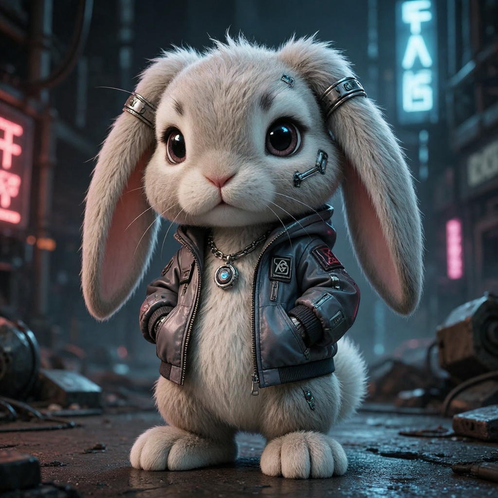 An adorable,  fluffy anthropomorphic bunny with very long,  floppy ears that hang limply on the sides of her head. Cyberpu...