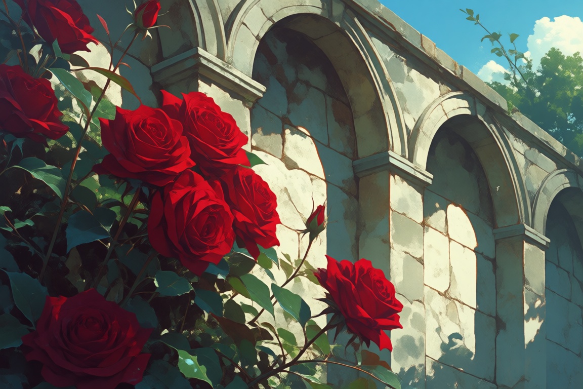 The image depicts a scene of a stone wall adorned with vibrant red roses. The roses are lush and appear to be climbing up...