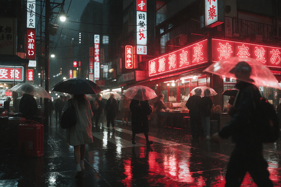 Create a scene set in a bustling Japanese street during the rainy season,  where vibrant red lights illuminate the downtow...