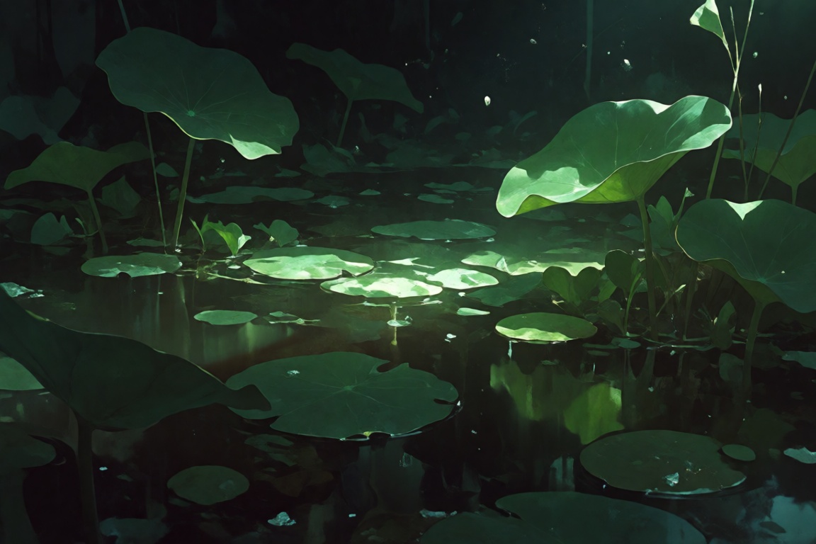 The image depicts a serene underwater scene illuminated by a soft,  greenish light. Large,  round leaves float gently in t...