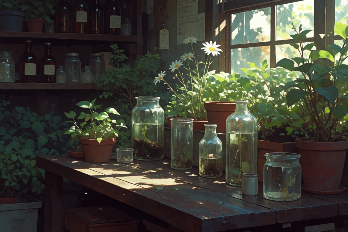 The image depicts a serene indoor garden or greenhouse setting. The foreground features a wooden table cluttered with vari...