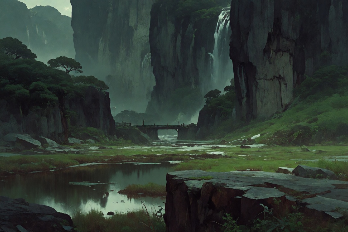 The image depicts a serene and mystical landscape with towering cliffs and lush greenery. In the foreground,  there are ro...