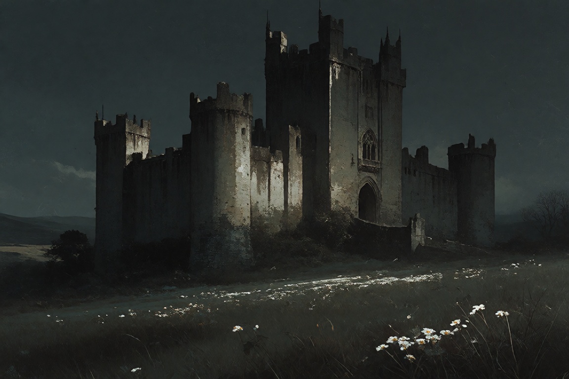 Create a wallpaper featuring a dark background with an old medieval castle standing in an open field. The castle should ha...