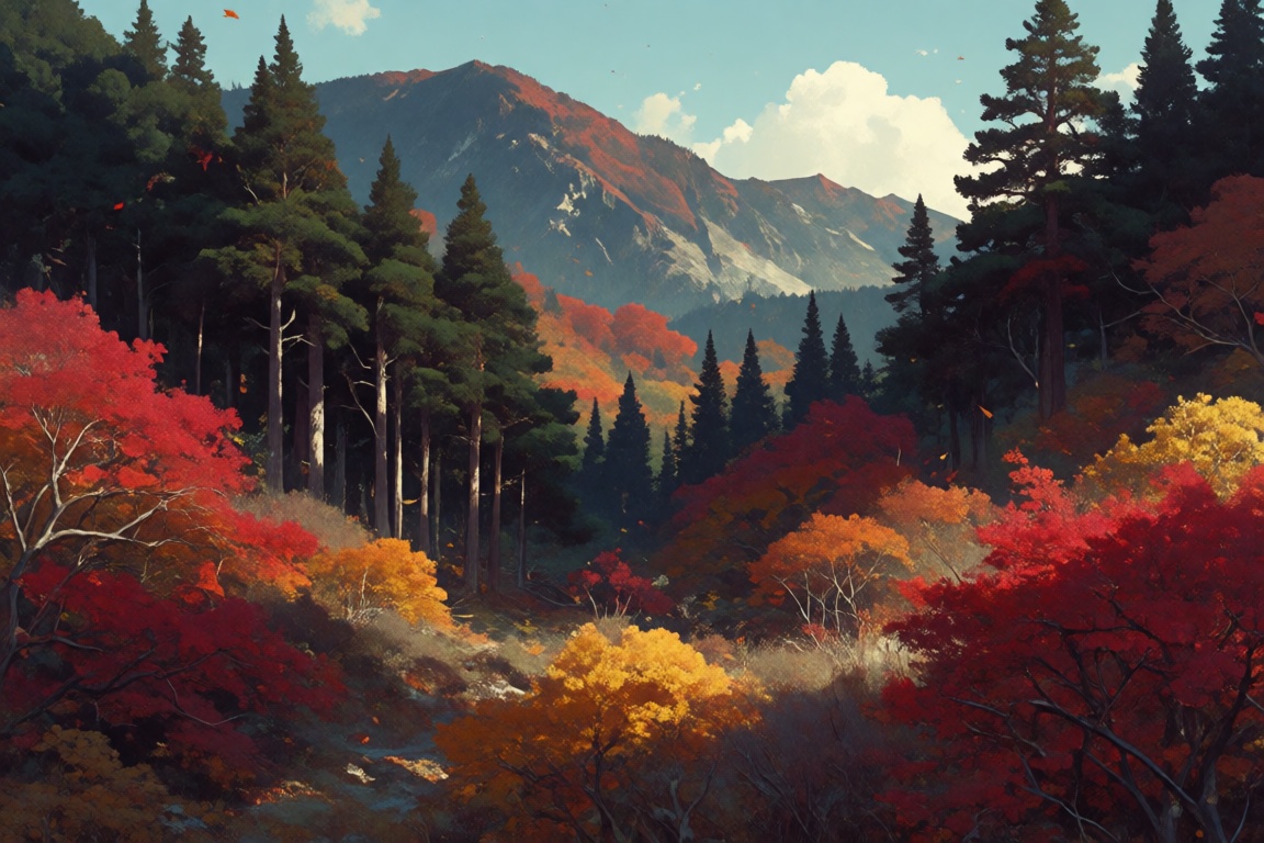 The image depicts a vibrant forest scene with a rich palette of autumn colors. The foreground is filled with dense foliage...