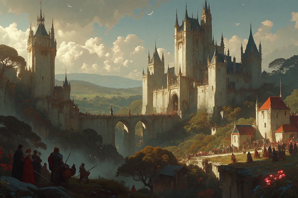 Create a detailed kingdom set in a medieval fantasy world,  featuring grand castles with towering spires,  lush forests on...