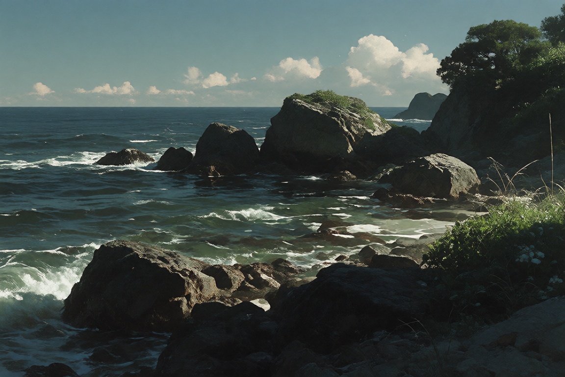 The image depicts a serene coastal scene with a rocky shoreline and a body of water. The rocks are dark and rugged,  with...