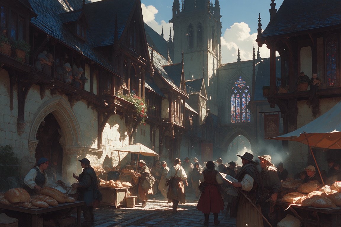 Create a fantasy aesthetic centered around the bustling heart of a medieval town. Imagine vibrant,  colorful buildings wit...