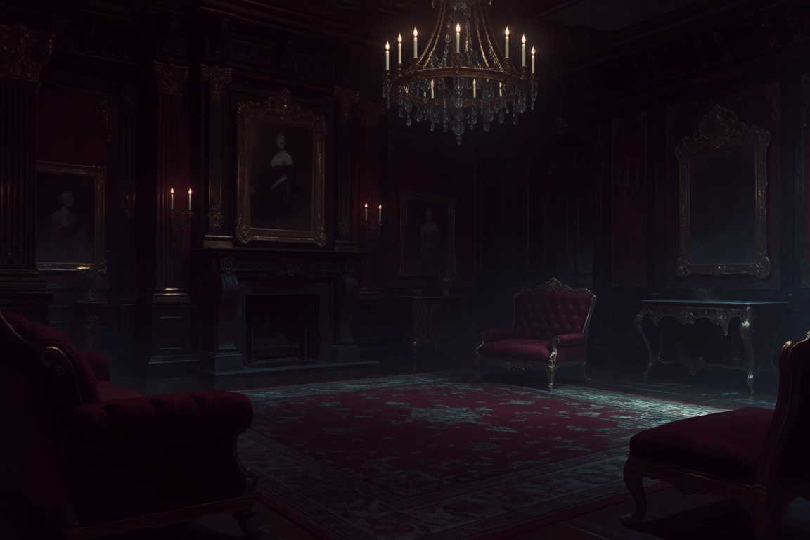 Create an indoor scene in a luxurious mansion with dark lighting,  emphasizing opulent decor and rich textures. Use deep s...