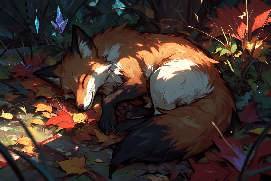 Create a top-down view of a fox sleeping on a pile of leaves on the ground. Use paddled lighting to highlight the fox’s wh...