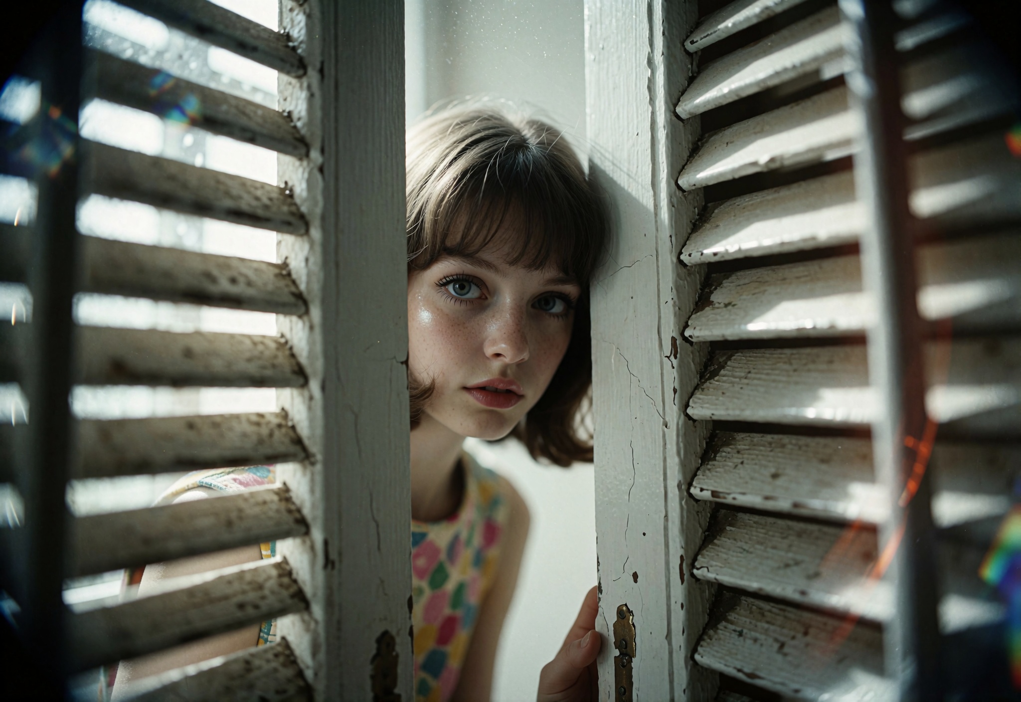Capture a nostalgic,  vintage photograph of a young woman peeking through a narrow opening between two white shutters,  sh...