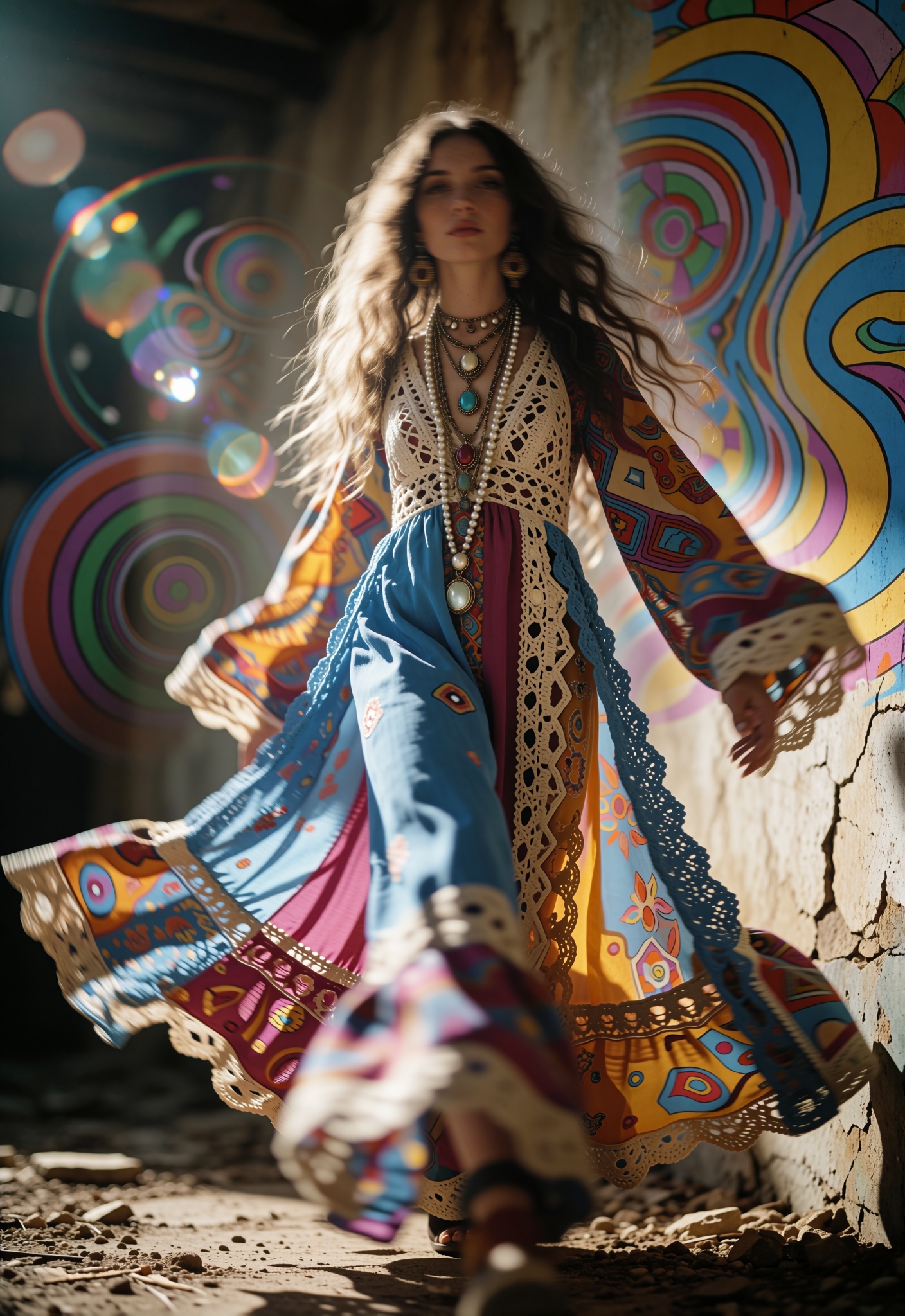 the enchanting realm of the 1970s,  where an iconic bohemian flair is reimagined through a surreal,  dreamlike lens. Frame...