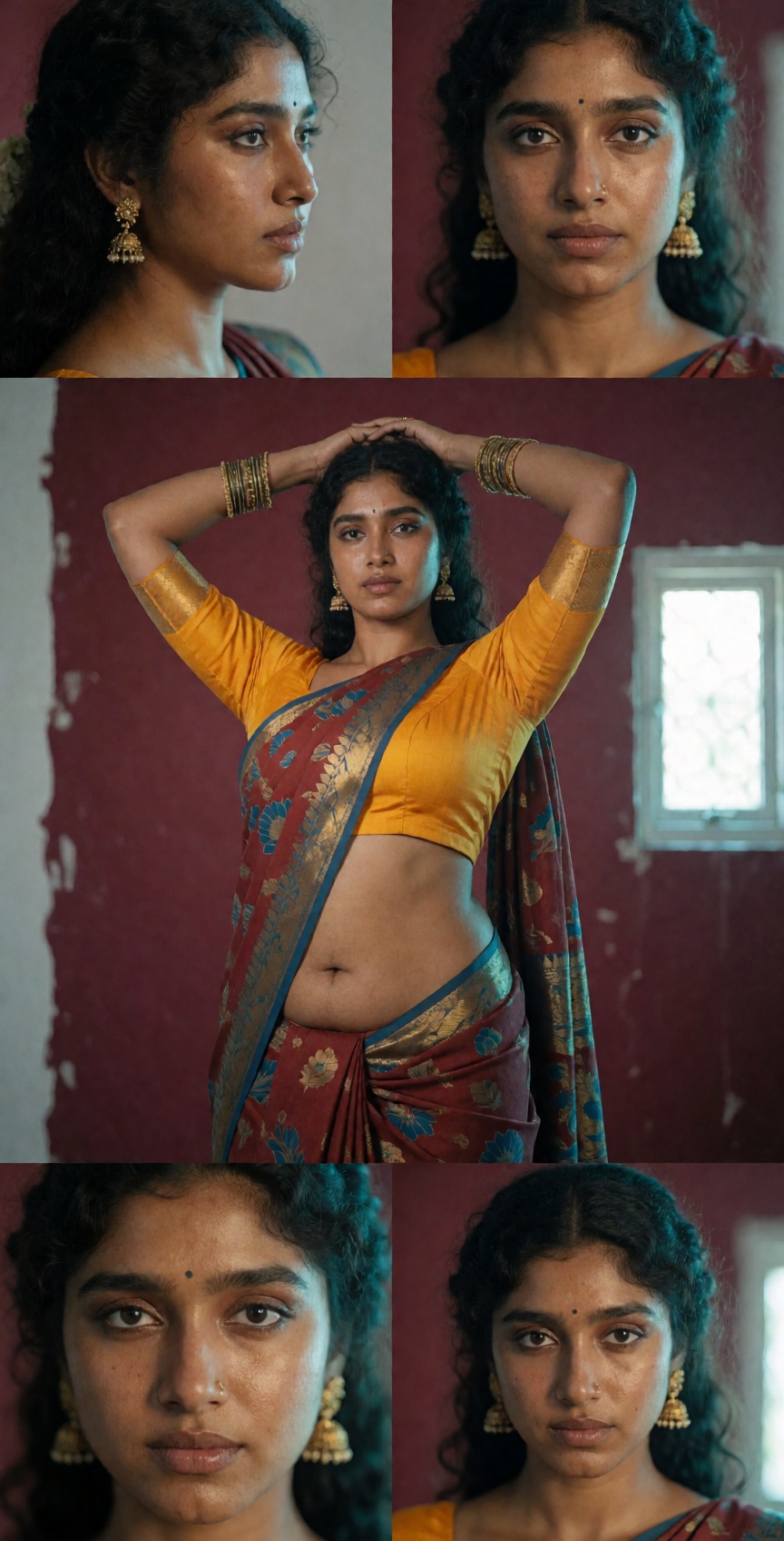 Photograph of an Indian woman standing against a maroon background. She has dark brown skin and dark hair,  styled in an u...