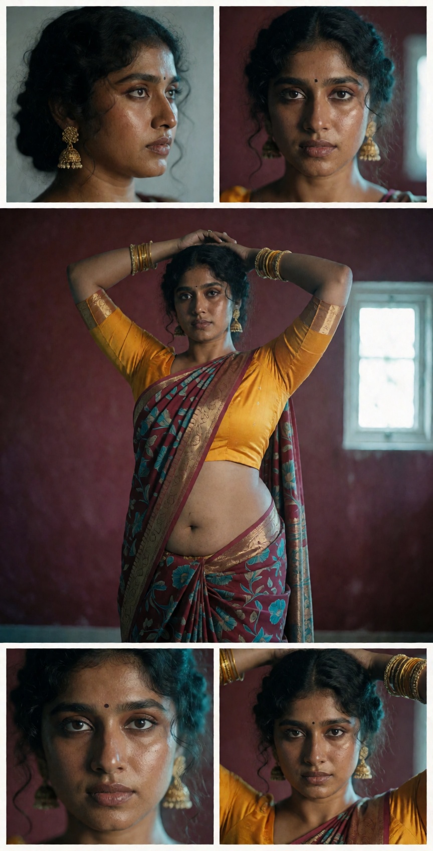 Photograph of an Indian woman standing against a maroon background. She has dark brown skin and dark hair,  styled in an u...