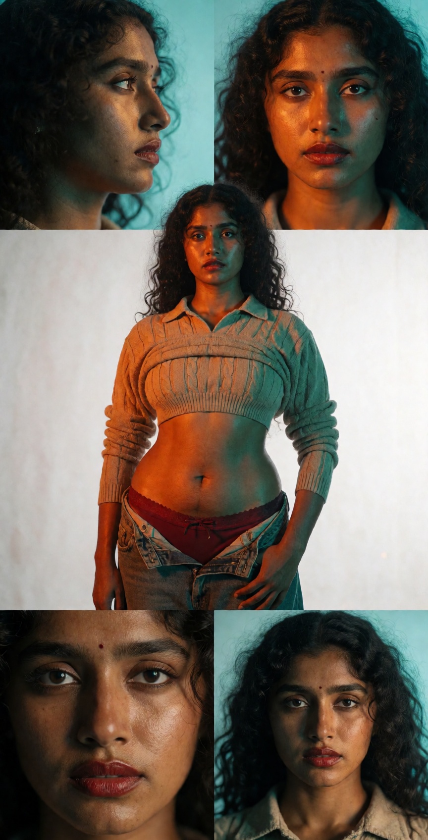 An ultra-realistic photoshoot of a gorgeous 20-year-old young kerala black lady with dark skin. She wears dark red lipstic...