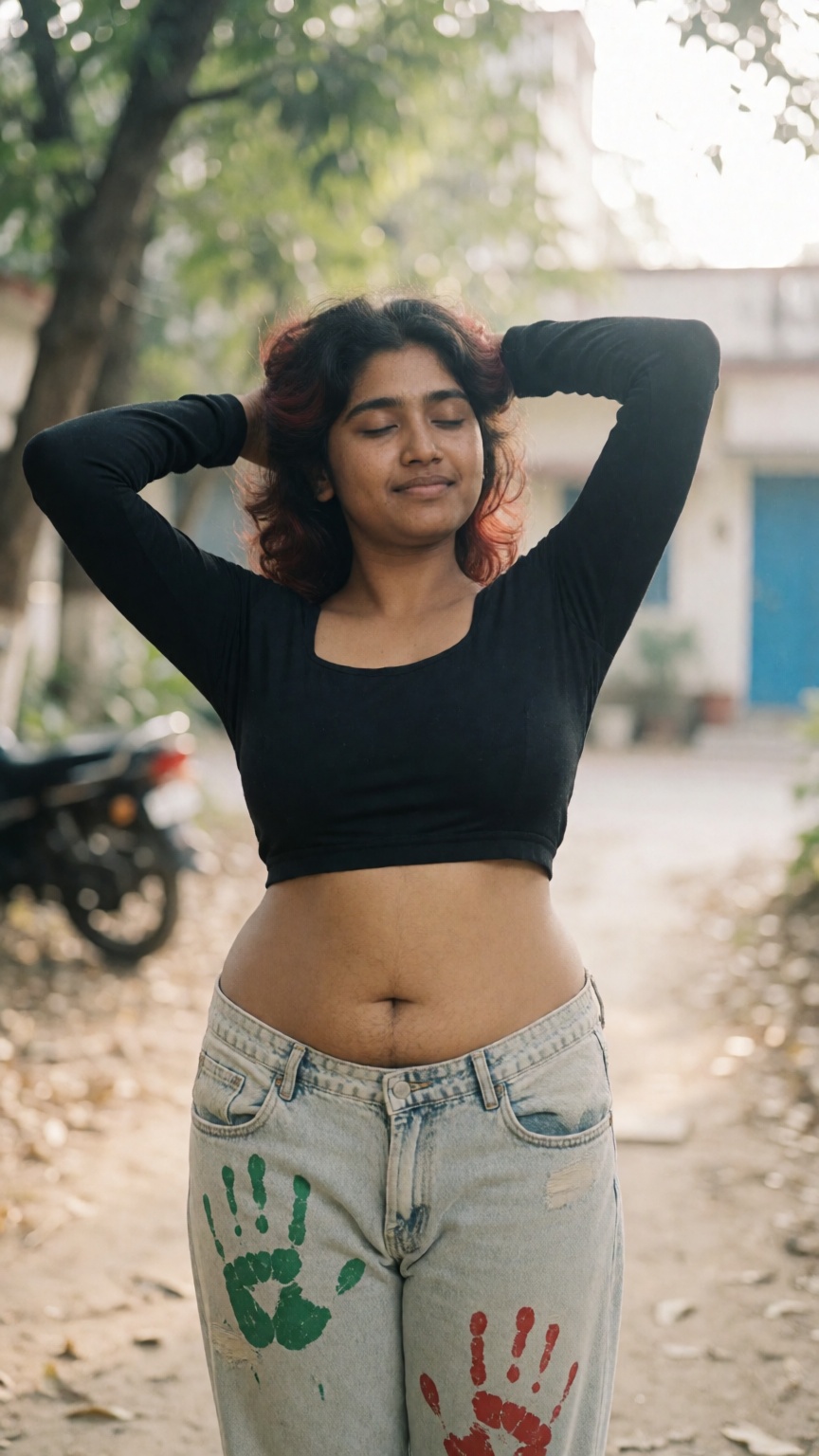 Photograph of a young woman standing outdoors on a dirt path in a suburban area. She has medium brown skin and shoulder-le...