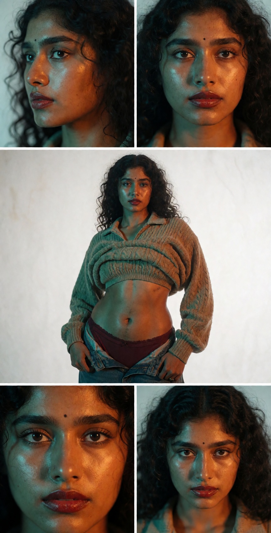 An ultra-realistic photoshoot of a gorgeous 20-year-old young mallu lady with dark skin. She wears dark red lipstick and a...