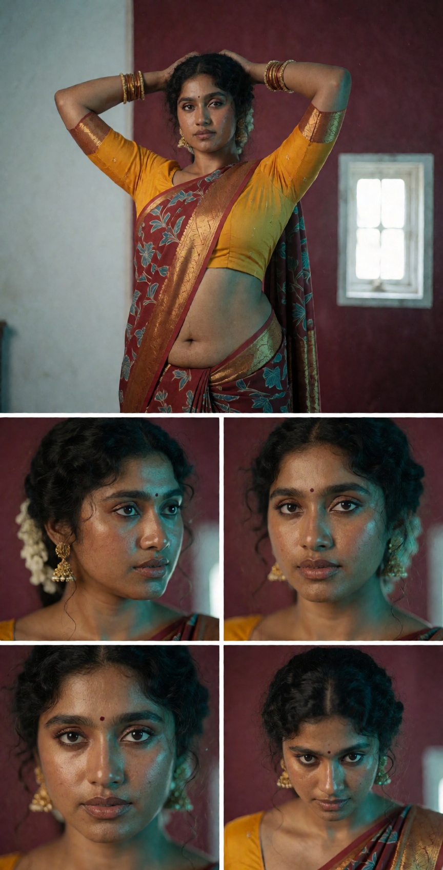 Photograph of an Indian woman standing against a maroon background. She has dark brown skin and dark hair,  styled in an u...