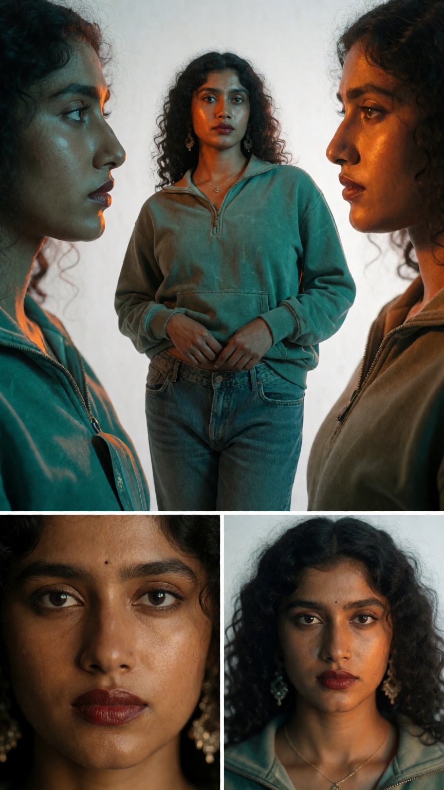 An ultra-realistic photoshoot of a gorgeous 20-year-old young mallu lady with dark skin. She wears dark red lipstick and a...