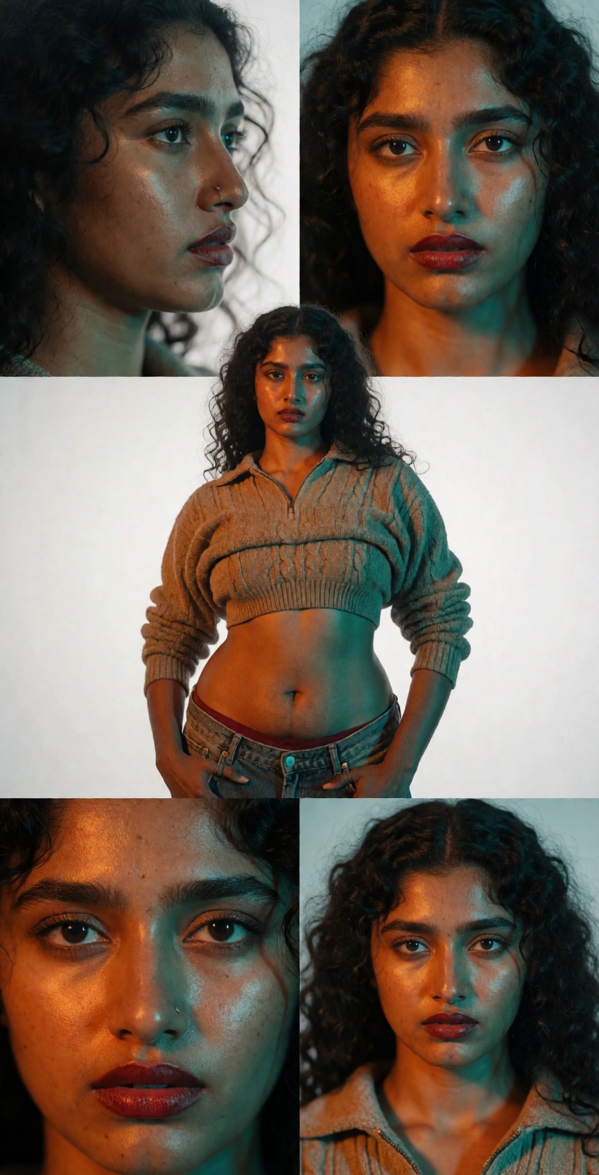 An ultra-realistic photoshoot of a gorgeous 20-year-old young mallu lady with dark skin. She wears dark red lipstick and a...