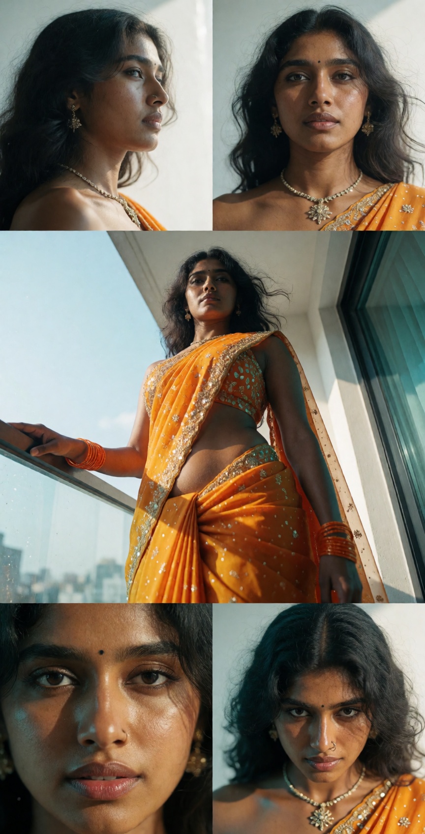 Cinematic photograph of a young dark brown South Asian woman with dark skin and dark hip-length hair,  dramatic extreme lo...