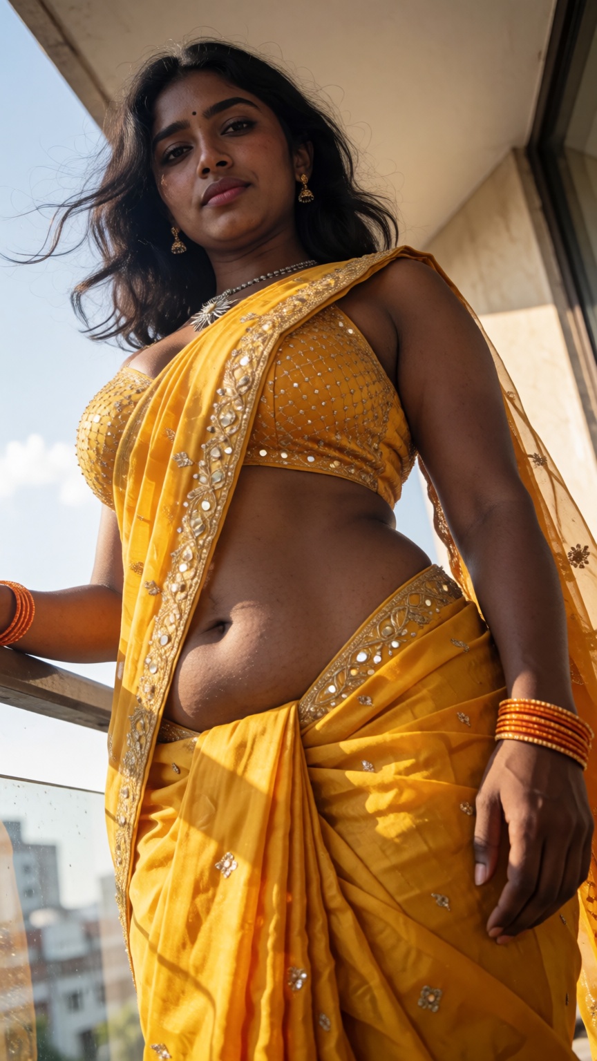 Cinematic photograph of a young dark brown South Asian woman with dark skin and dark hip-length hair,  dramatic extreme lo...