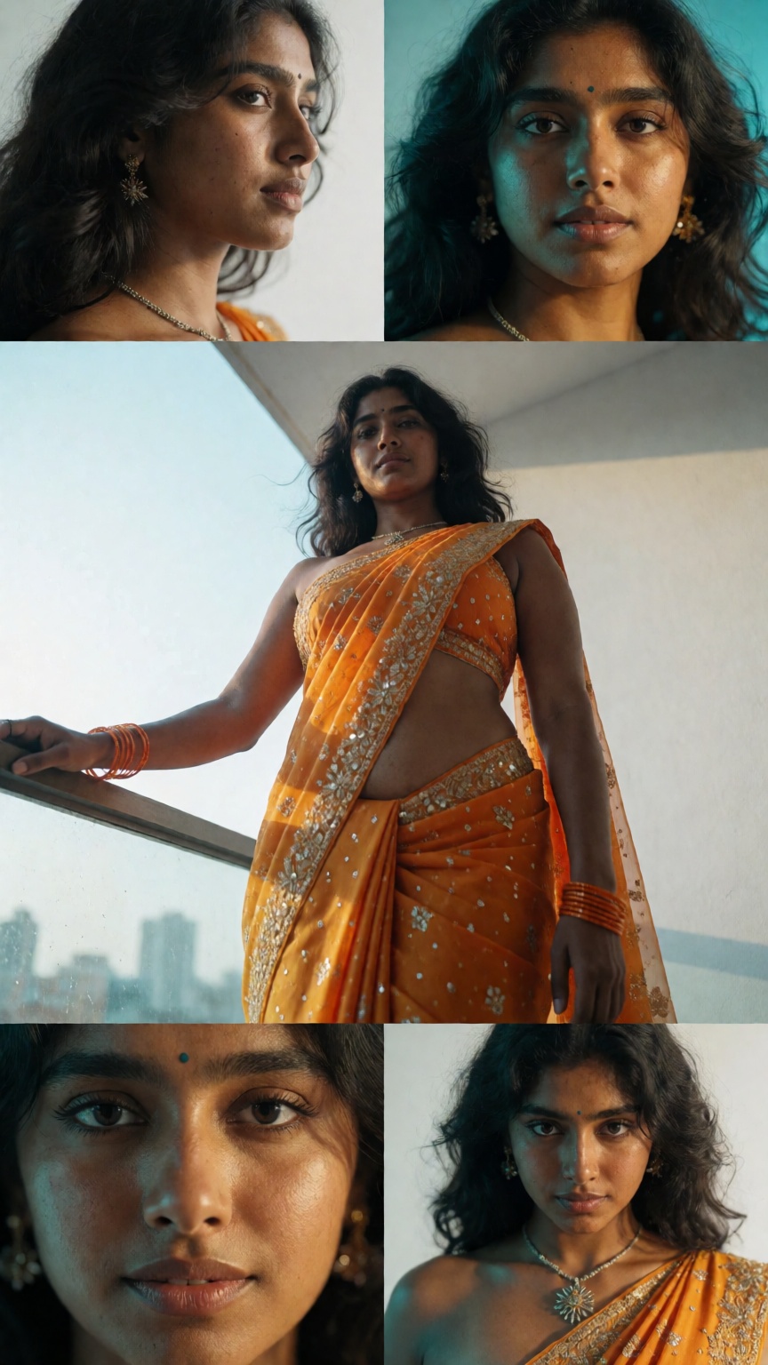 Cinematic photograph of a young dark brown South Asian woman with dark skin and dark hip-length hair,  dramatic extreme lo...
