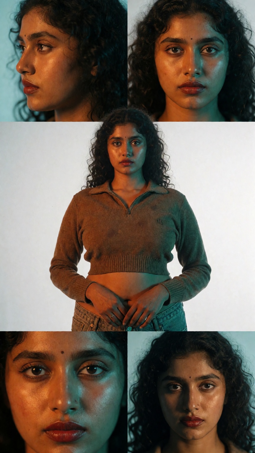 An ultra-realistic photoshoot of a gorgeous 20-year-old young mallu lady with dark skin. She wears dark red lipstick and a...